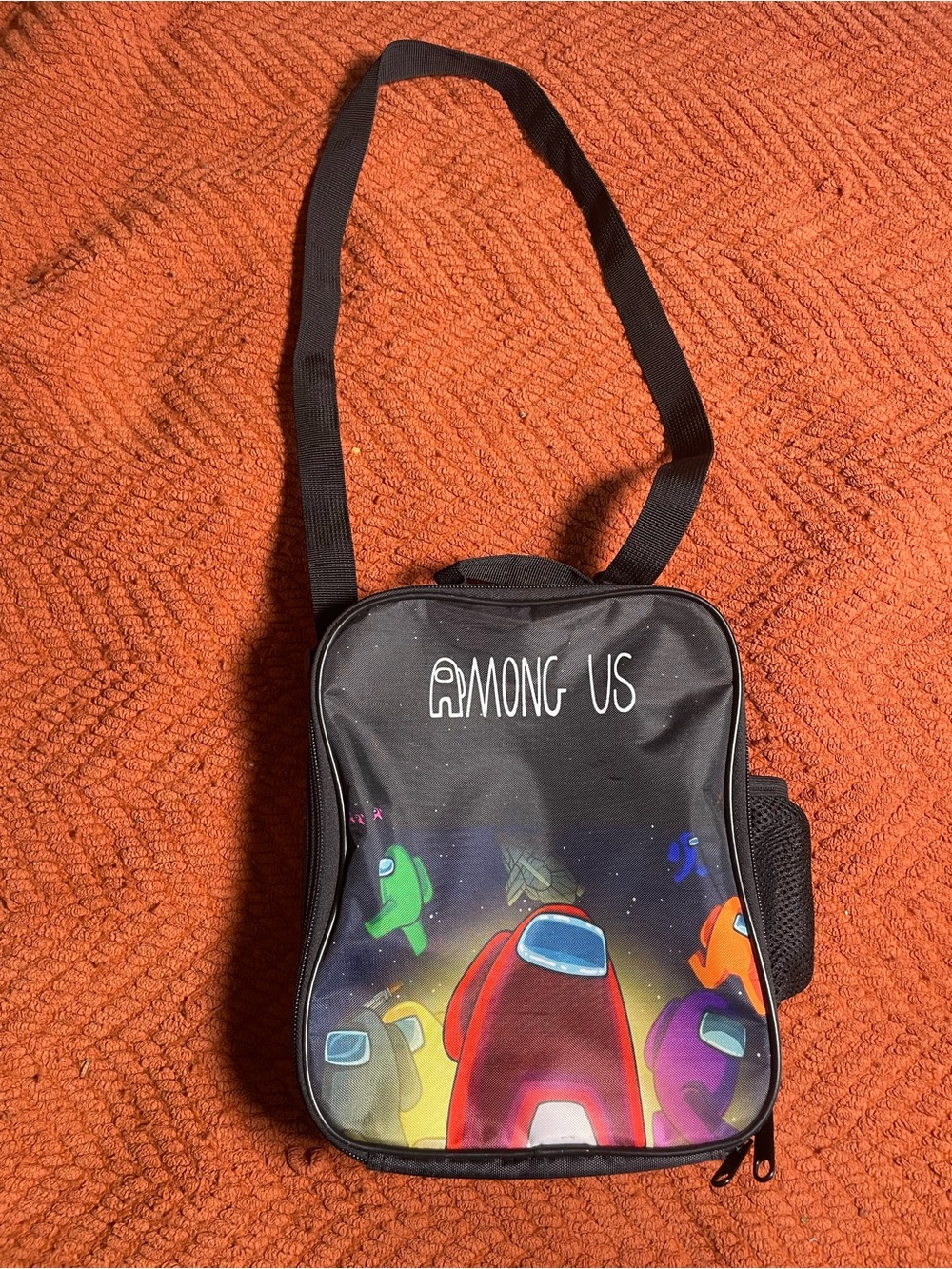 Among Us Black Kids lunch Bag with Colorful Crewmates and drink pocket